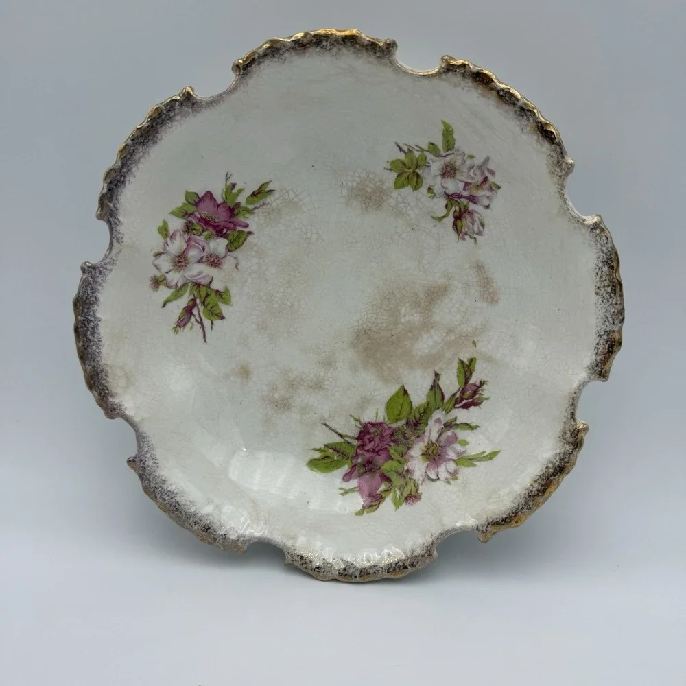 VTG Serving Bowl Floral Roses Transferware‎ *Heavily Stained & Crazed* Decor